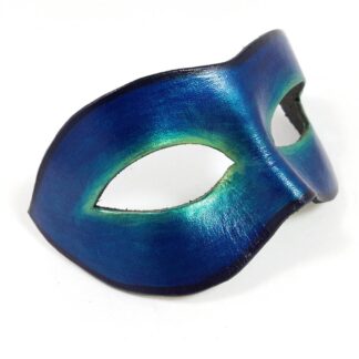 Leather masquerade mask painted with a blue, green and gold gradient going from the outer edge towards the eye holes. Viewed from the right side.
