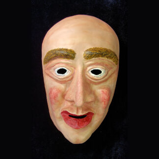 Papier-mâché, clay and acryic paint art mask - bald man - black background